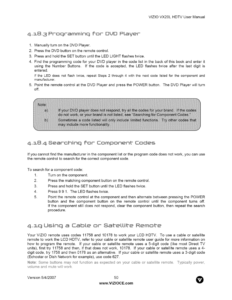 X8.3 praqramminq for dvd player, Chlnq for component codes, Usinq 3 csbis of” s3f&llhrb rsfnofs | Vizio VX20L User Manual | Page 50 / 67