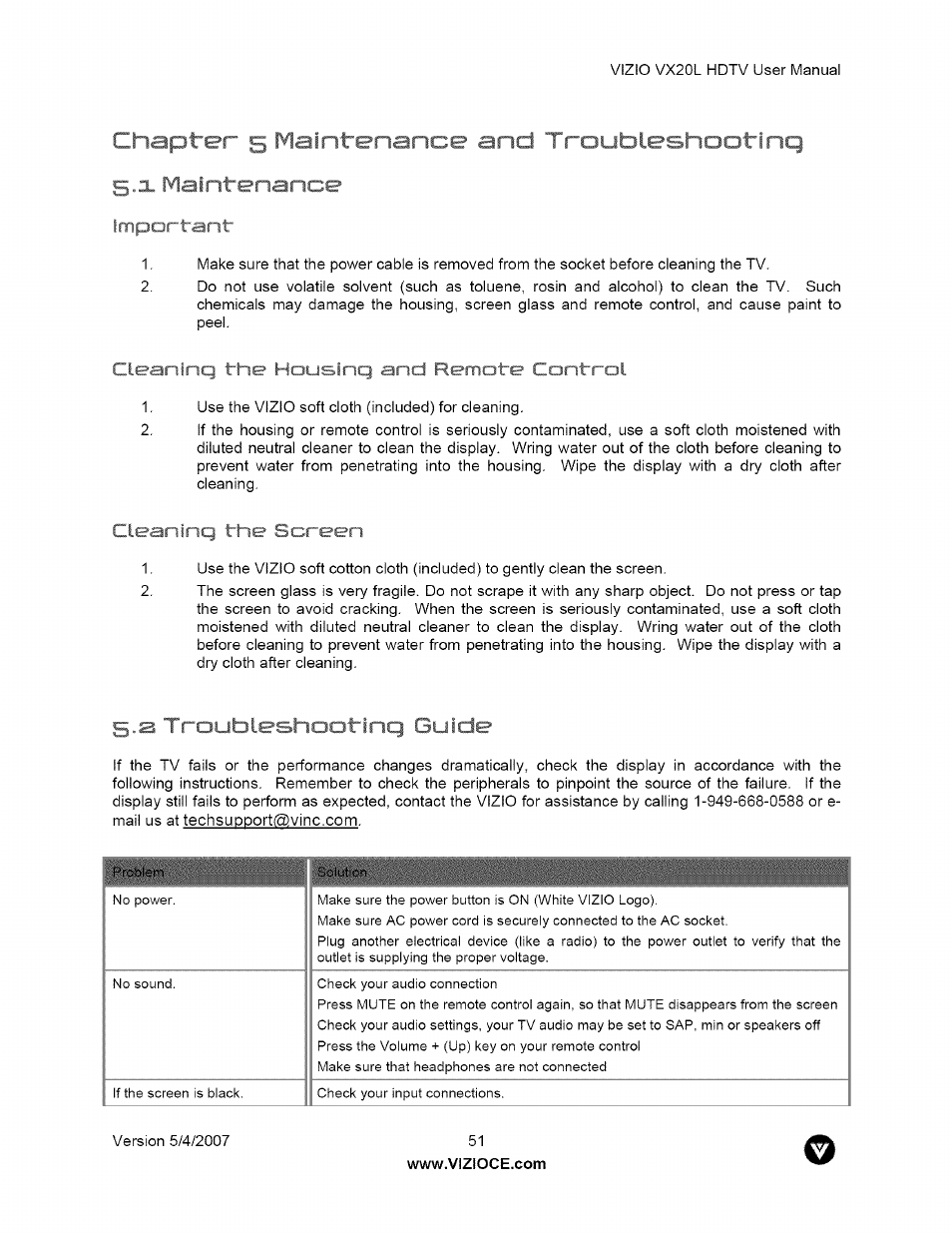 3- maintenance, 2 troubleshootinq guide, 1 maintenance 5.2 troubleshooting guide | Chaf. y ^?nanci"^ *tnd troubleshoot i nq | Vizio VX20L User Manual | Page 51 / 67