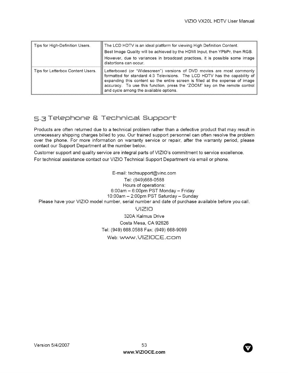 If lephone s techn ^ .n ' ^jpport, I f lephone s techn, Jpport | Vizio VX20L User Manual | Page 53 / 67