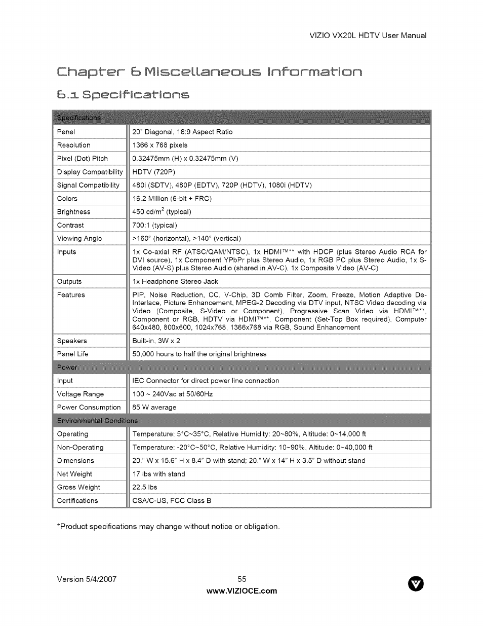 Ь.х specifications, 1 specifications, Chai > i ^ ^ ^neous inforrvi -эп | Vizio VX20L User Manual | Page 55 / 67