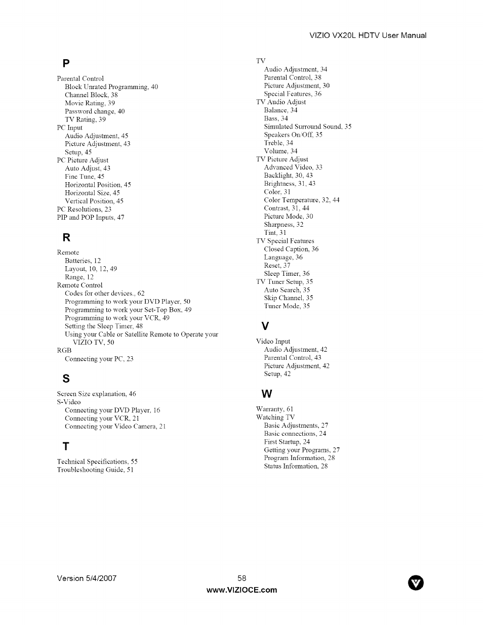 Vizio VX20L User Manual | Page 58 / 67