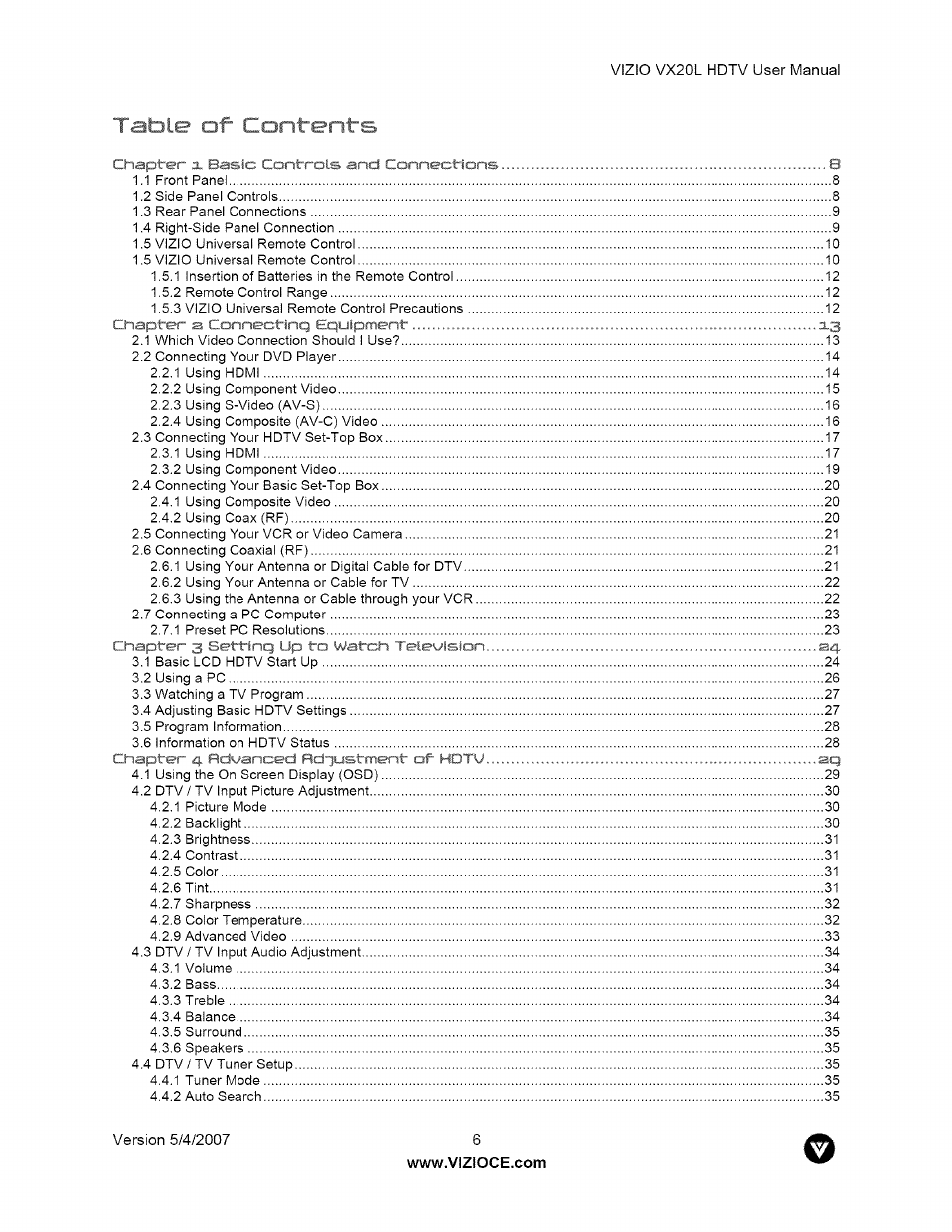 Vizio VX20L User Manual | Page 6 / 67