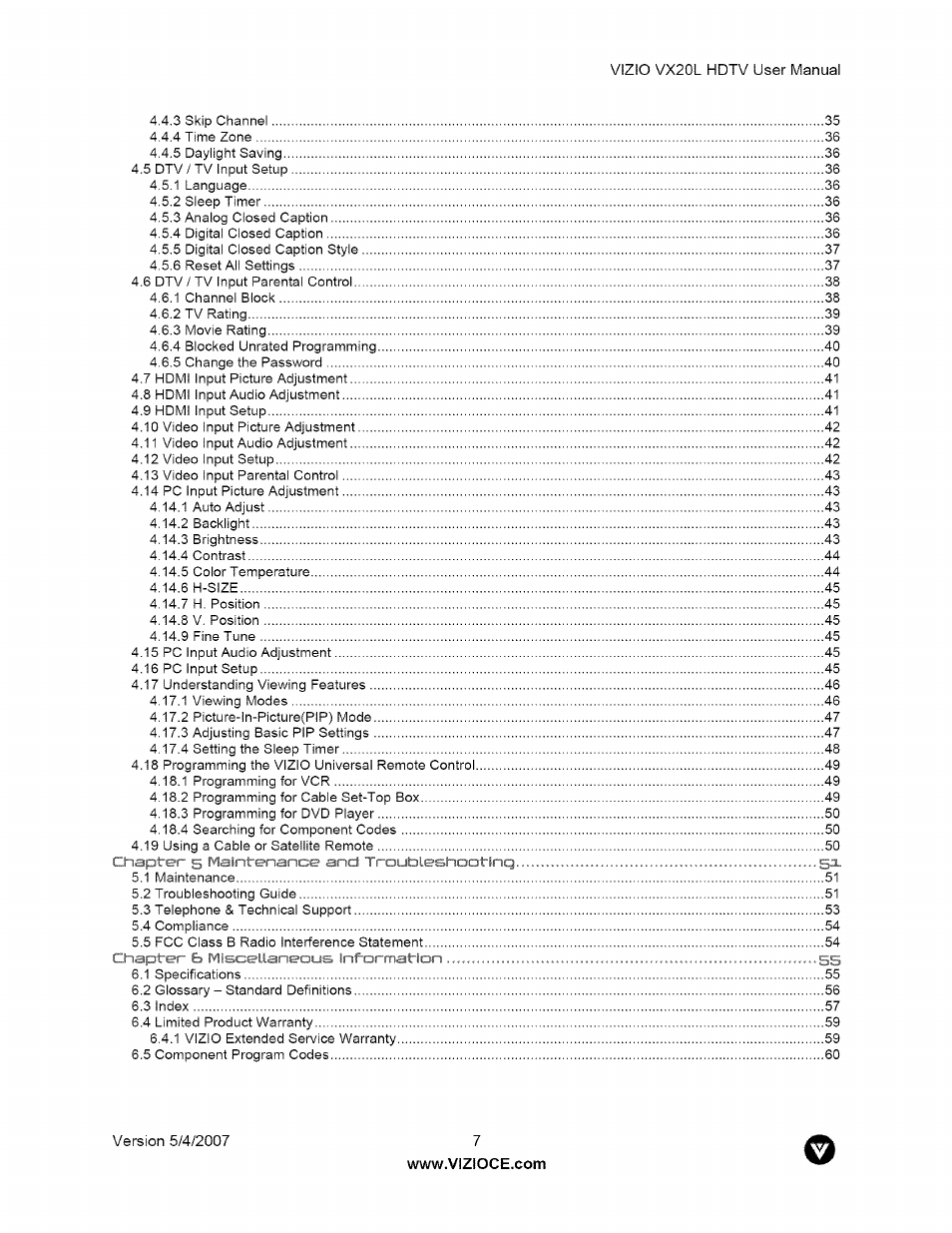 Vizio VX20L User Manual | Page 7 / 67