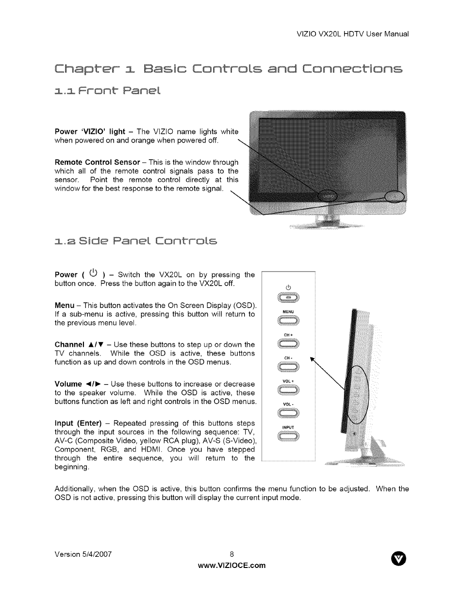 I.xfrcvi'i fvinel, X.a sld^.' fv lel conlrols | Vizio VX20L User Manual | Page 8 / 67