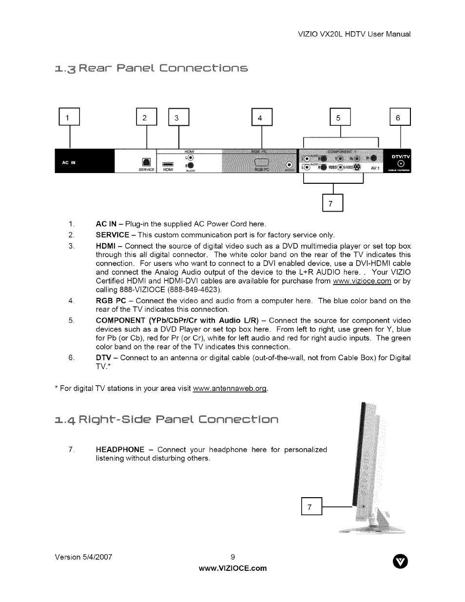 X.3 rear ^nel connections, X.4 ric^ vje panel connection, 3 rear panel connections | Vizio VX20L User Manual | Page 9 / 67