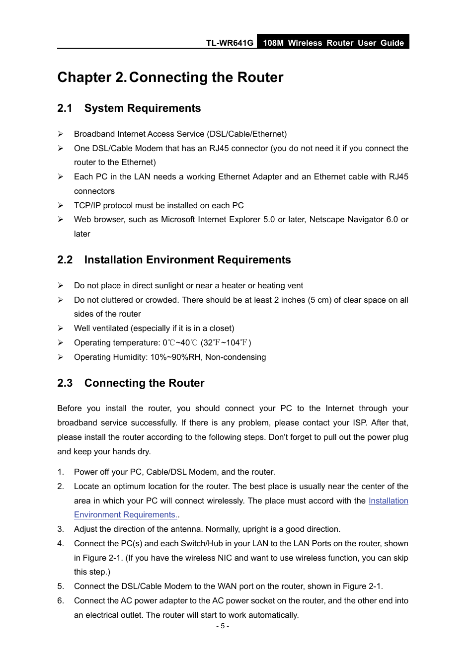 Chapter 2. connecting the router, 1 system requirements, 2 installation environment requirements | 3 connecting the router, Chapter 2, Connecting the router, System requirements, Installation environment requirements | Vizio TL-WR641G User Manual | Page 13 / 84