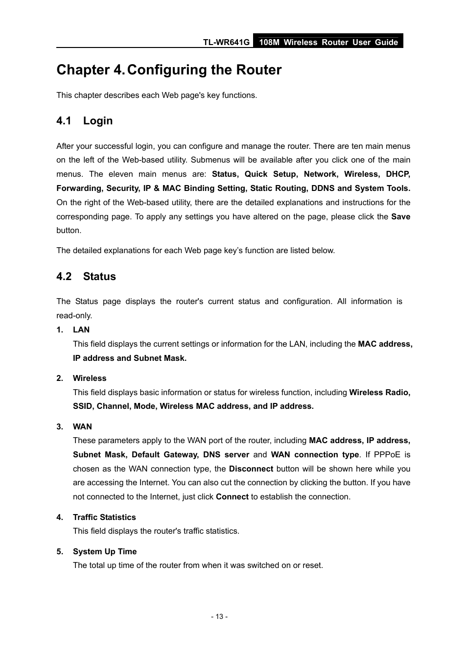 Chapter 4. configuring the router, 1 login, 2 status | Chapter 4, Configuring the router, Login, Status | Vizio TL-WR641G User Manual | Page 21 / 84