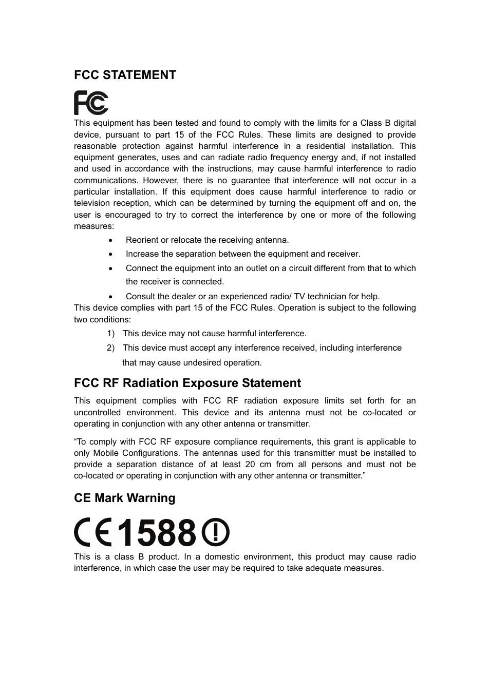 Fcc statement, Fcc rf radiation exposure statement, Ce mark warning | Vizio TL-WR641G User Manual | Page 3 / 84