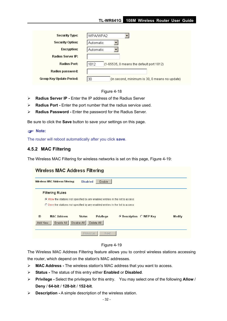2 mac filtering, Mac filtering | Vizio TL-WR641G User Manual | Page 40 / 84