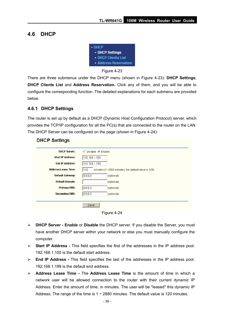 6 dhcp, 1 dhcp settings, Dhcp | Dhcp settings | Vizio TL-WR641G User Manual | Page 44 / 84