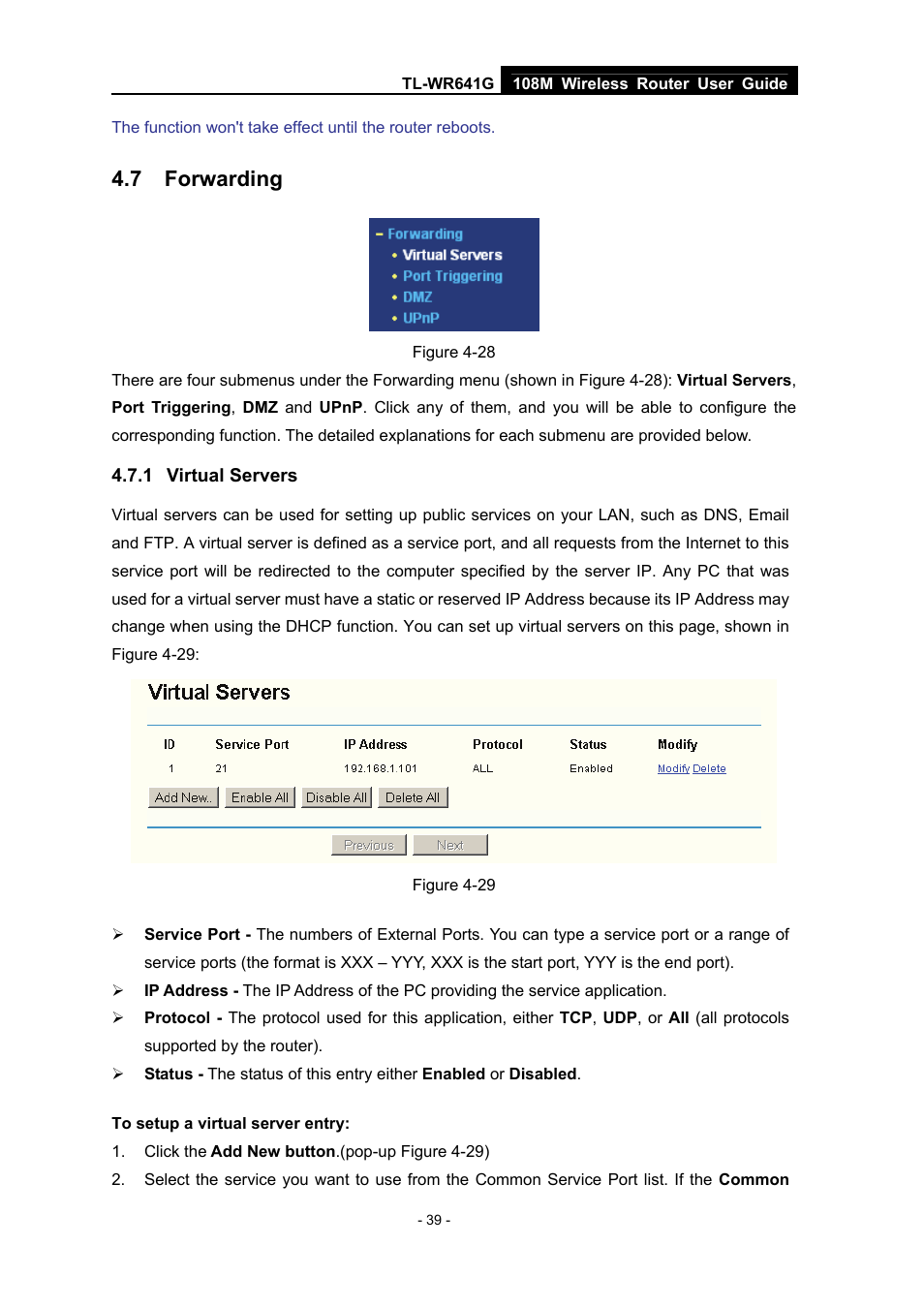 7 forwarding, 1 virtual servers, Forwarding | Virtual servers | Vizio TL-WR641G User Manual | Page 47 / 84
