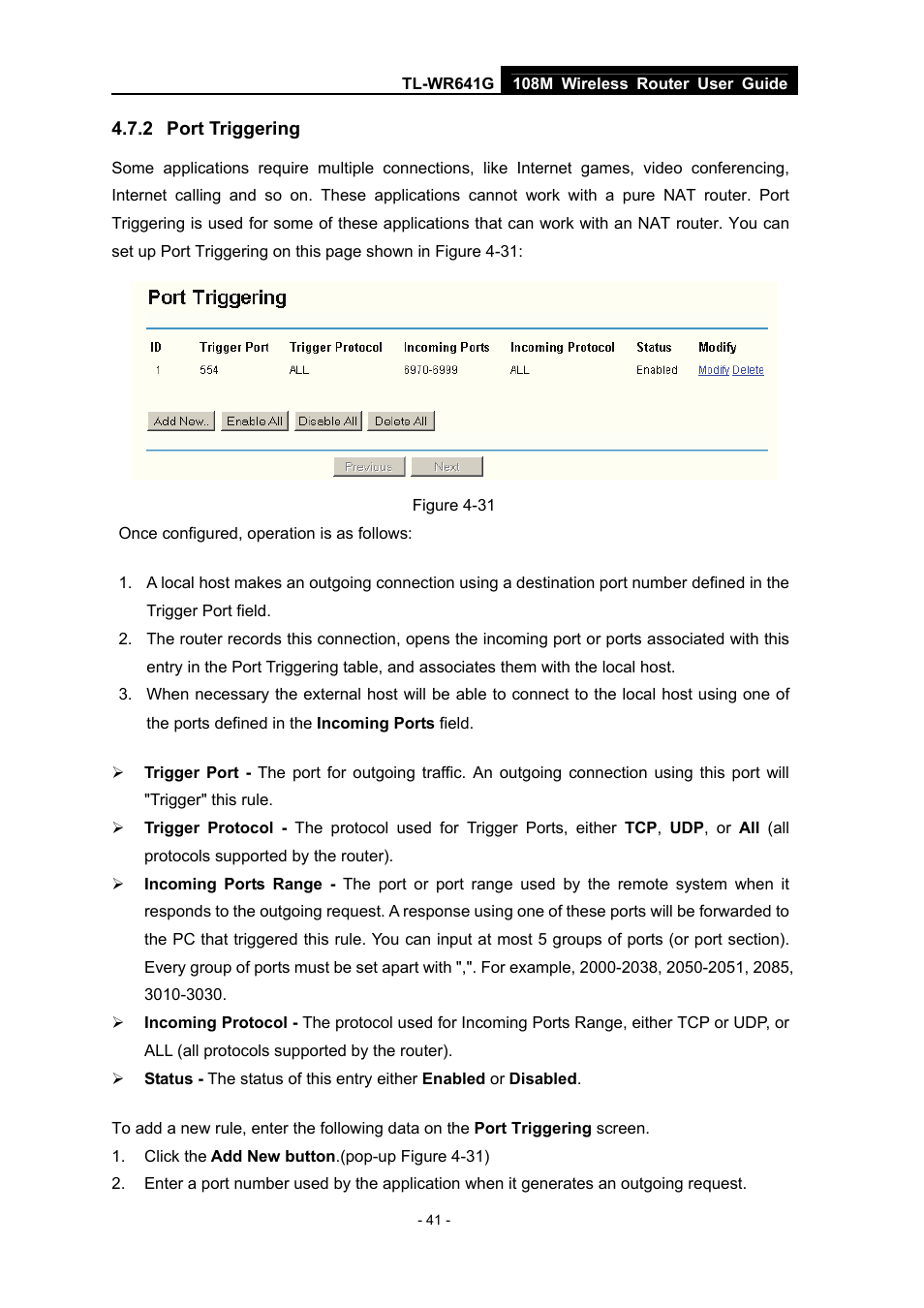 2 port triggering, Port triggering | Vizio TL-WR641G User Manual | Page 49 / 84