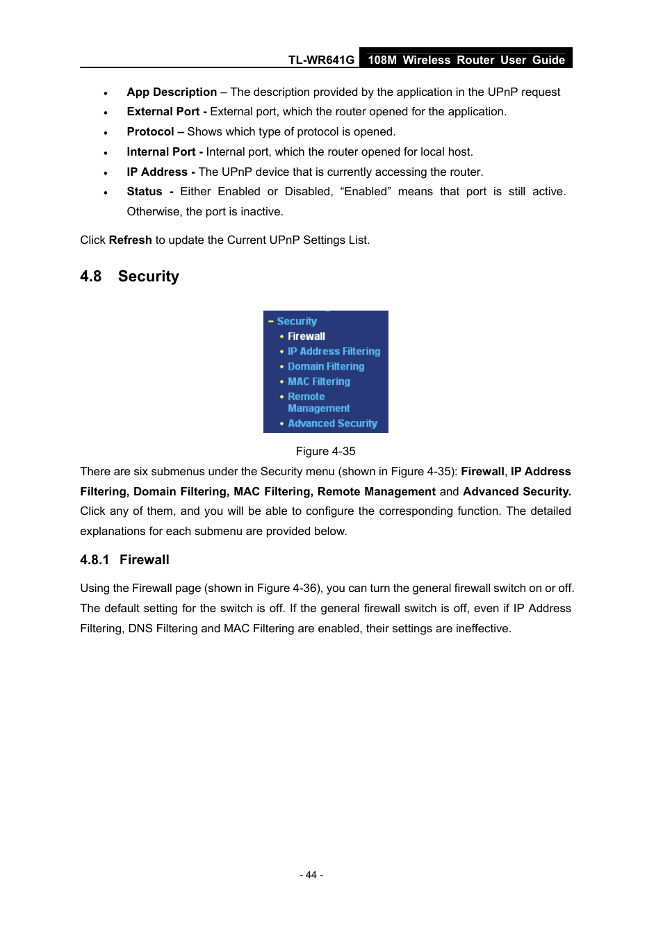 8 security, 1 firewall, Security | Firewall | Vizio TL-WR641G User Manual | Page 52 / 84
