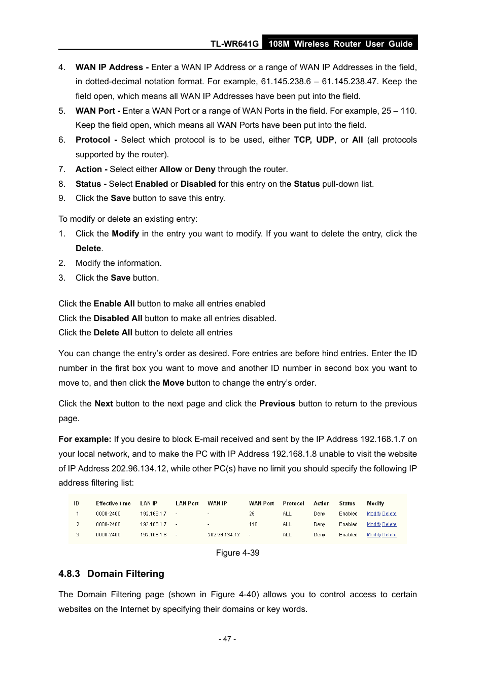 3 domain filtering, Domain filtering | Vizio TL-WR641G User Manual | Page 55 / 84