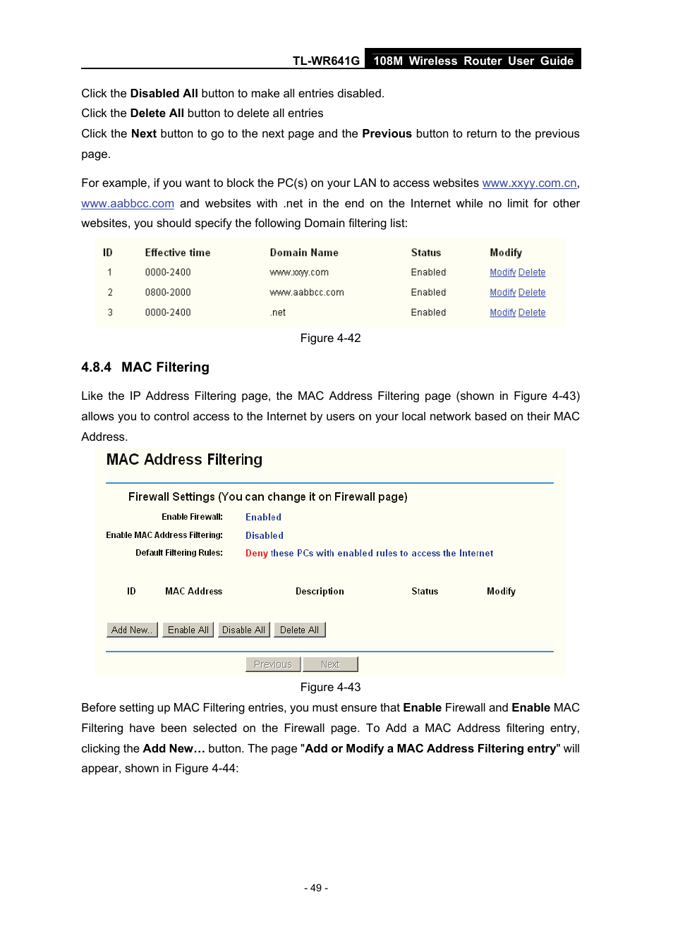 4 mac filtering, Mac filtering | Vizio TL-WR641G User Manual | Page 57 / 84