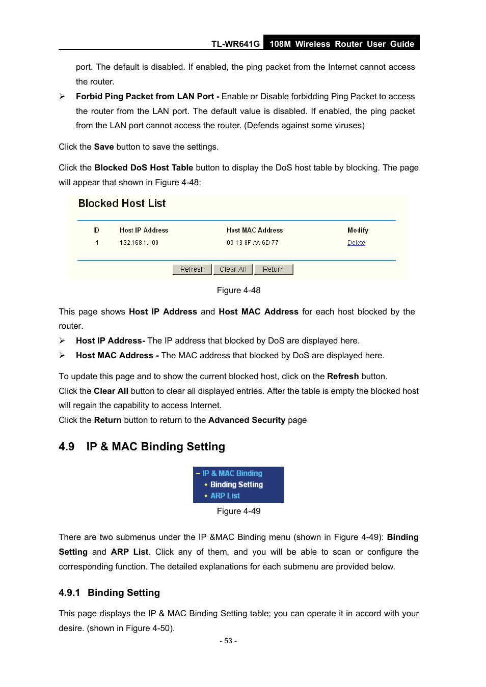 9 ip & mac binding setting, 1 binding setting, Ip & mac binding setting | Binding setting | Vizio TL-WR641G User Manual | Page 61 / 84