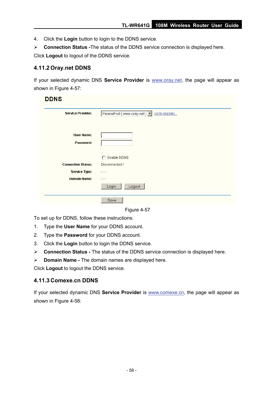 2 oray.net ddns, 3 comexe.cn ddns, Oray.net ddns | Comexe.cn ddns | Vizio TL-WR641G User Manual | Page 66 / 84