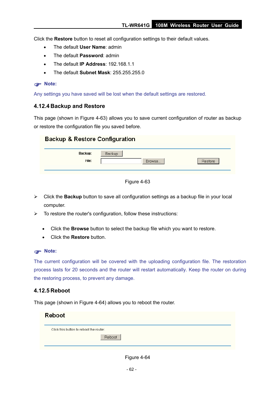 4 backup and restore, 5 reboot, Backup and restore | Reboot | Vizio TL-WR641G User Manual | Page 70 / 84
