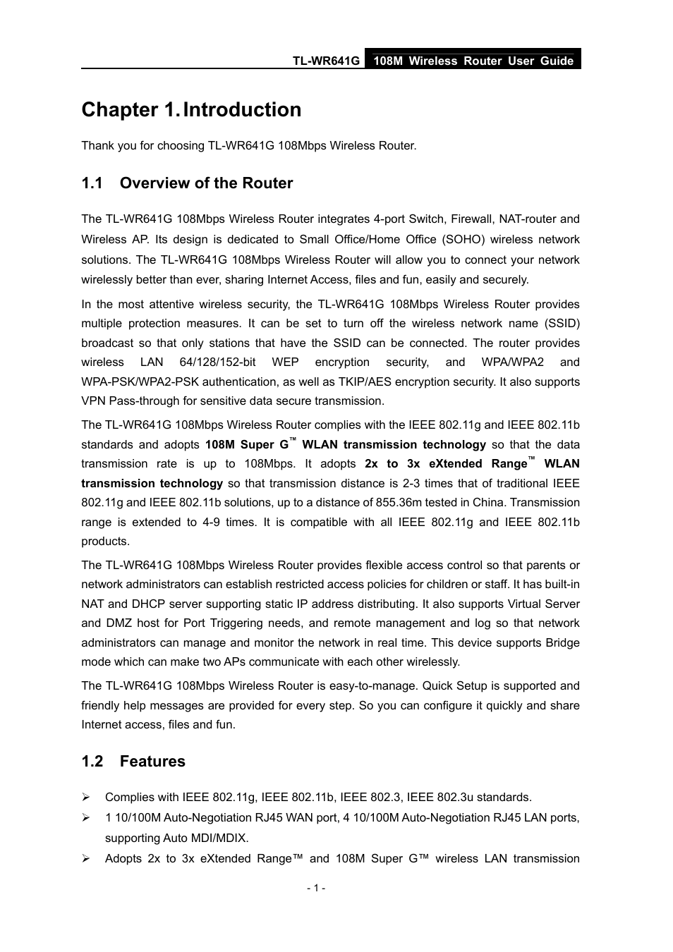 Chapter 1. introduction, 1 overview of the router, 2 features | Chapter 1, Introduction, Overview of the router, Features | Vizio TL-WR641G User Manual | Page 9 / 84