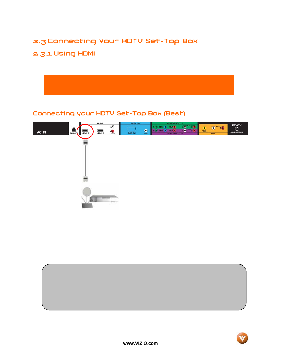 3 connecting your hdtv set-top box, 1 using hdmi | Vizio VW37L User Manual | Page 15 / 53