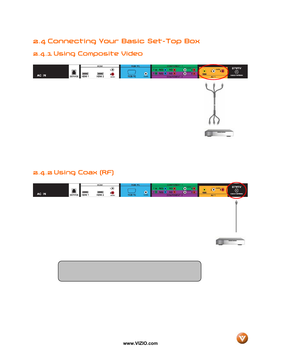 4 connecting your basic set-top box, 1 using composite video, 2 using coax (rf) | Vizio VW37L User Manual | Page 18 / 53