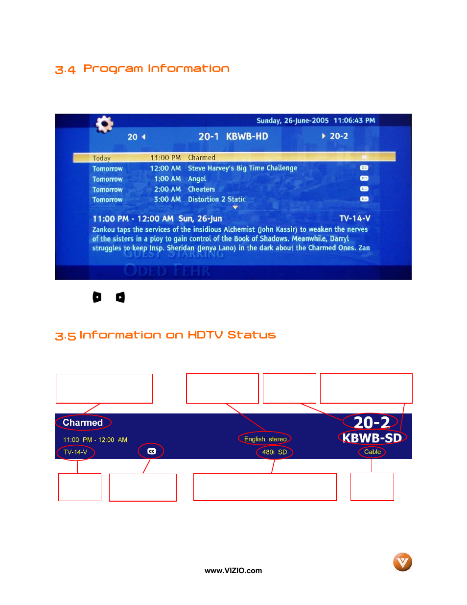4 program information, 5 information on hdtv status | Vizio VW37L User Manual | Page 27 / 53