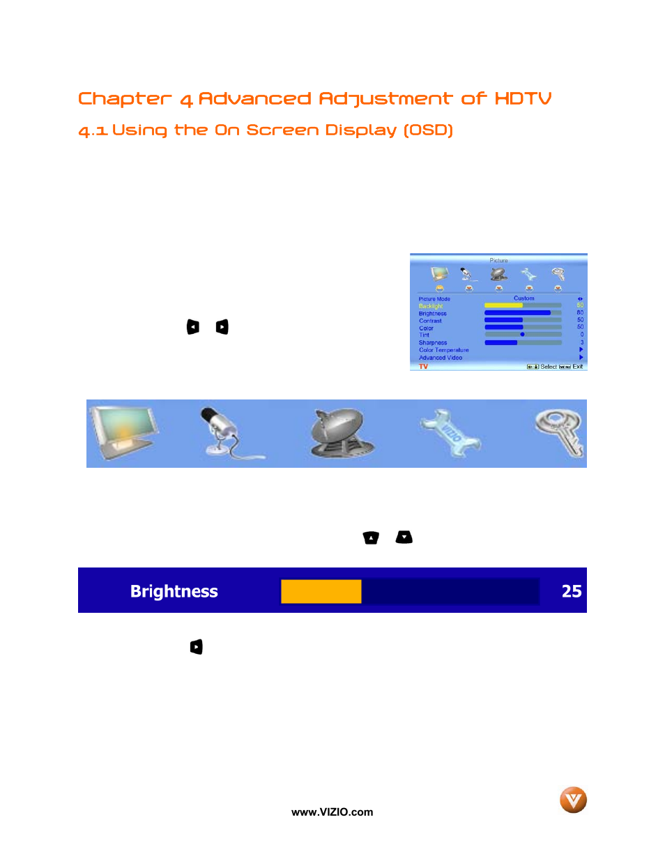 Chapter 4 advanced adjustment of hdtv, 1 using the on screen display (osd) | Vizio VW37L User Manual | Page 28 / 53