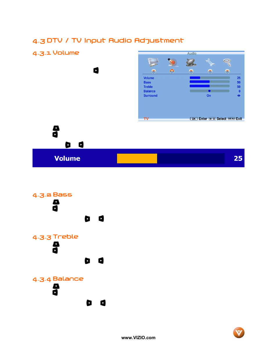 3 dtv / tv input audio adjustment, Volume, 2 bass | 3 treble, 4 balance, 1 volume | Vizio VW37L User Manual | Page 33 / 53