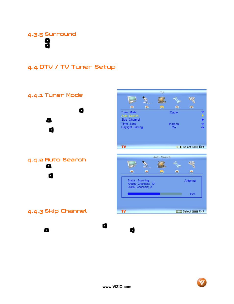 5 surround, 4 dtv / tv tuner setup, Tuner mode | Auto search, 3 skip channel, 1 tuner mode, 2 auto search | Vizio VW37L User Manual | Page 34 / 53