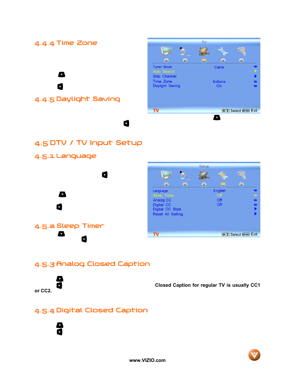 4 time zone, 5 daylight saving, 5 dtv / tv input setup | 1 language, 2 sleep timer, 3 analog closed caption, 4 digital closed caption | Vizio VW37L User Manual | Page 35 / 53