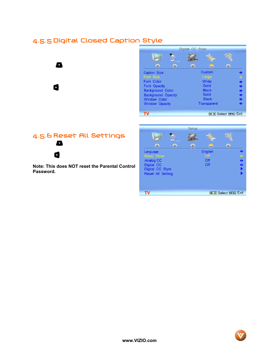 5 digital closed caption style, 6 reset all settings | Vizio VW37L User Manual | Page 36 / 53