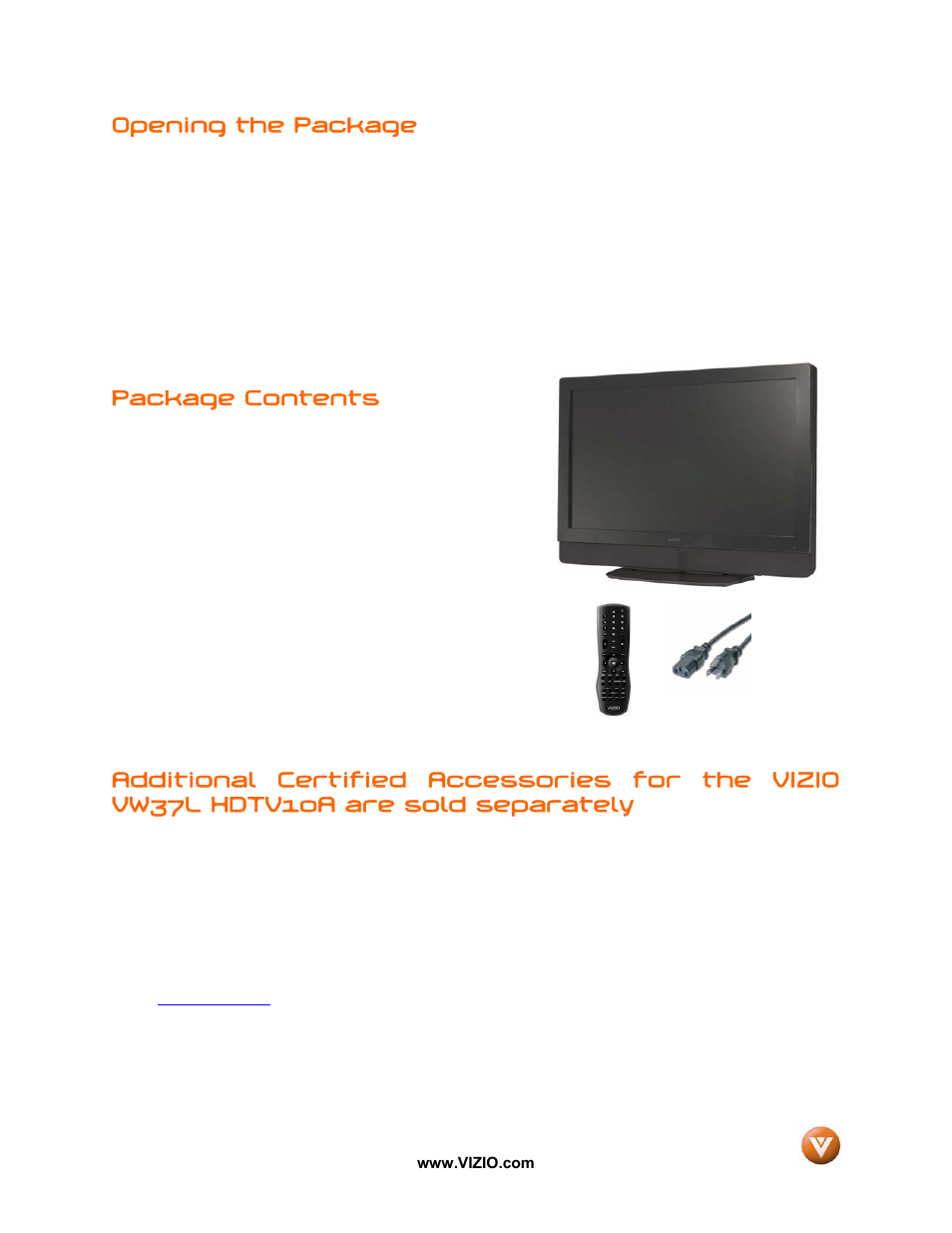 Opening the package, Package contents | Vizio VW37L User Manual | Page 4 / 53