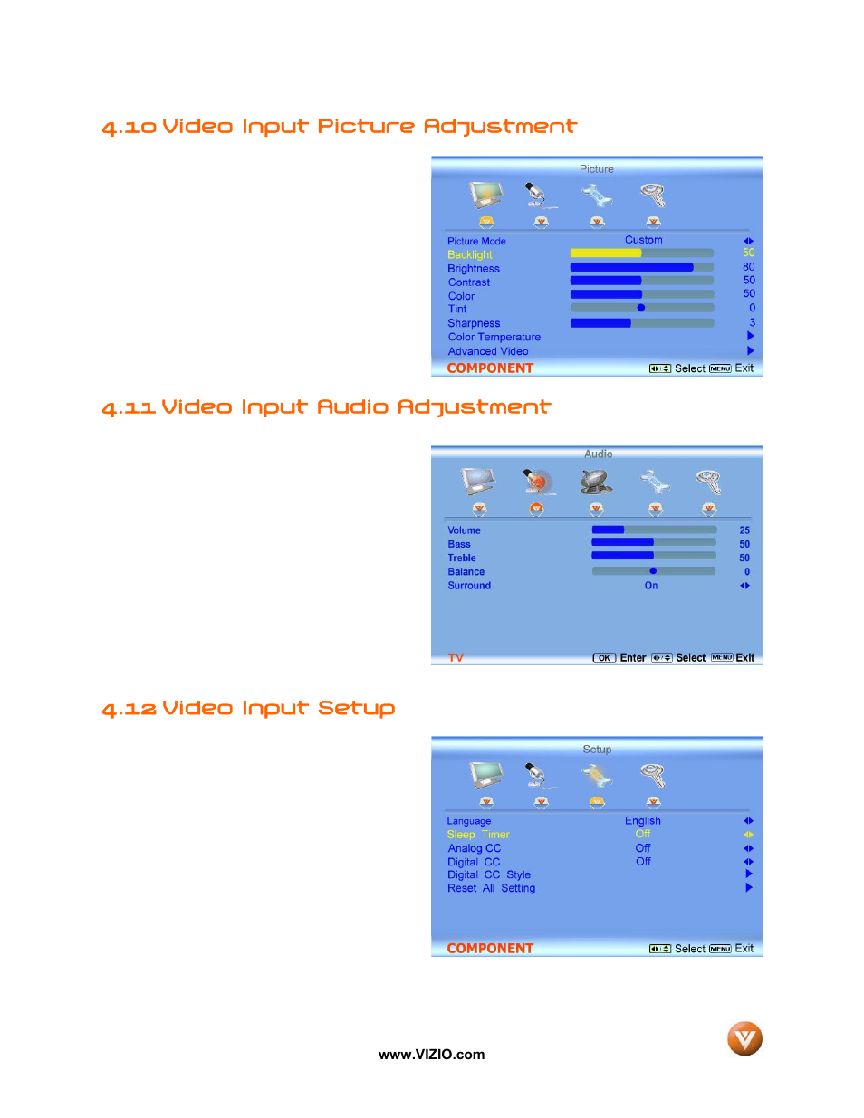 10 video input picture adjustment, 11 video input audio adjustment, 12 video input setup | Vizio VW37L User Manual | Page 41 / 53