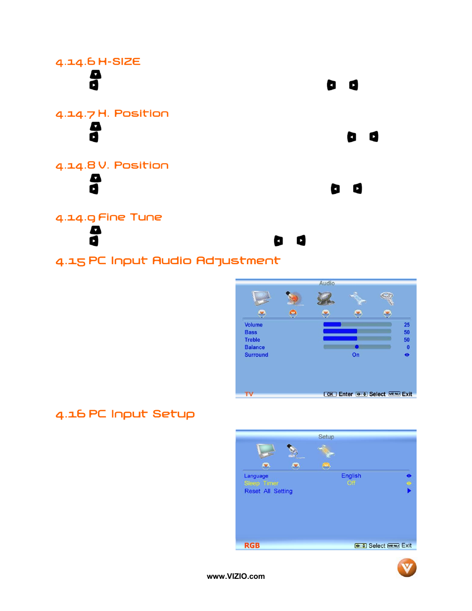 6 h-size, 7 h. position, 8 v. position | 9 fine tune, 15 pc input audio adjustment, 16 pc input setup | Vizio VW37L User Manual | Page 44 / 53