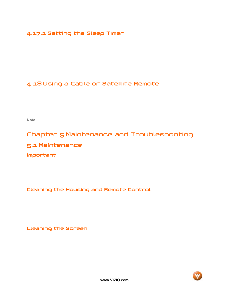 1 setting the sleep timer, 18 using a cable or satellite remote, Chapter 5 maintenance and troubleshooting | 1 maintenance | Vizio VW37L User Manual | Page 46 / 53