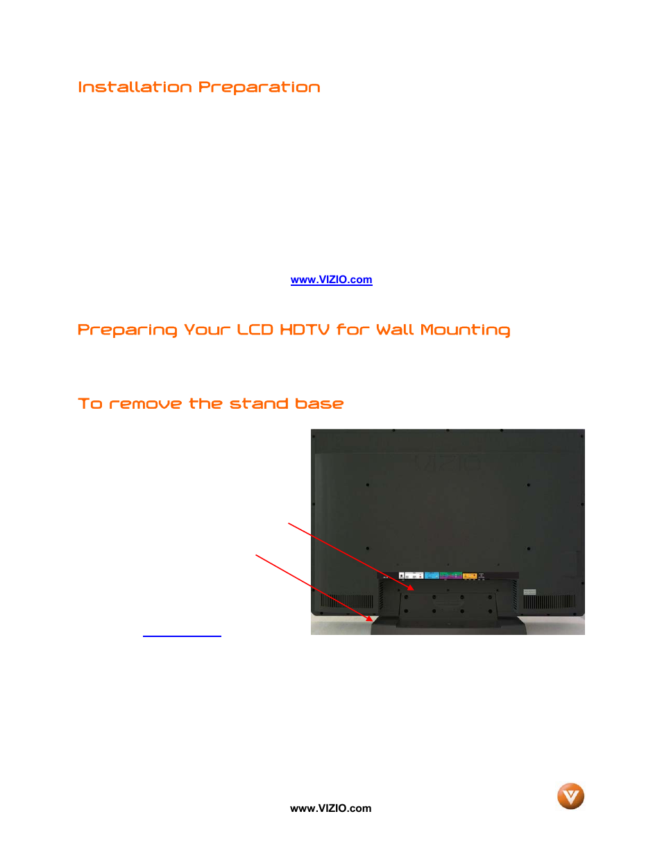 Installation preparation, Preparing your lcd hdtv for wall mounting | Vizio VW37L User Manual | Page 5 / 53