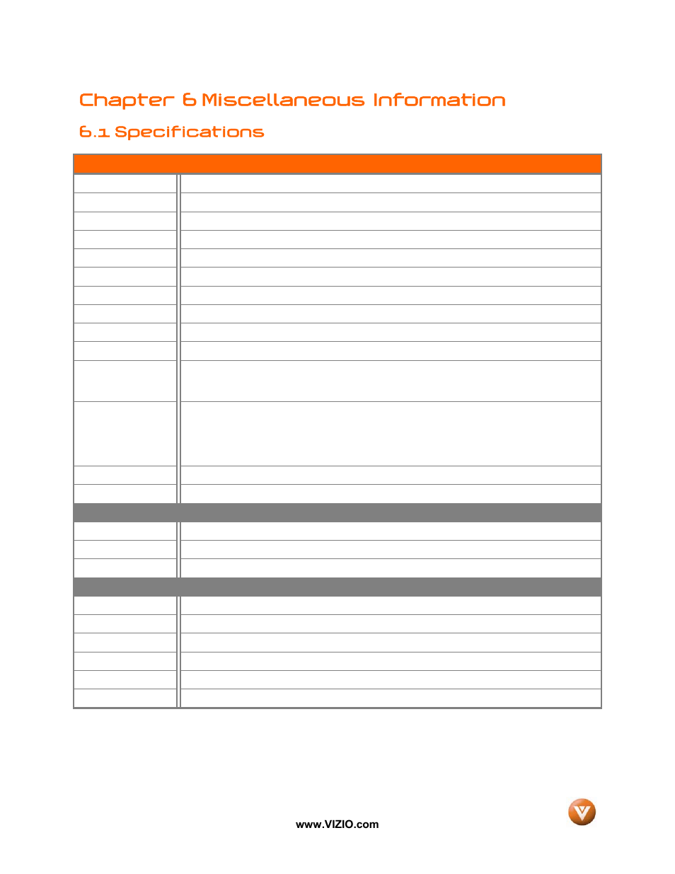 Chapter 6 miscellaneous information, 1 specifications | Vizio VW37L User Manual | Page 50 / 53