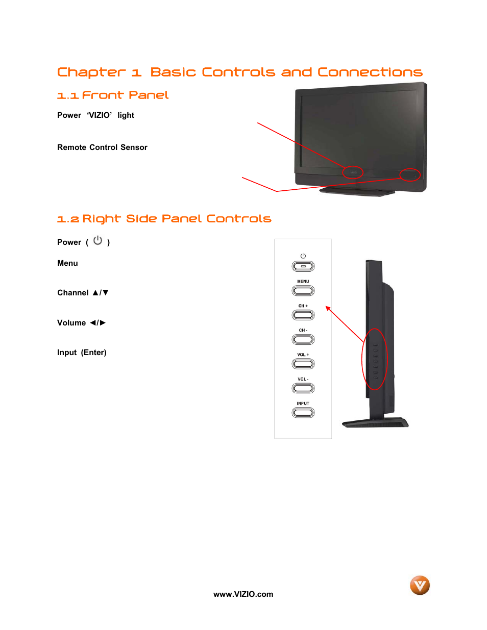 Chapter 1 basic controls and connections, Front panel, 2 right side panel controls | 1 front panel, Chapter 1 basic controls an, D connections, Right side panel controls | Vizio VW37L User Manual | Page 8 / 53