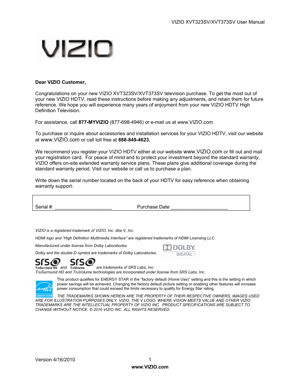 Vizio XVT323SV User Manual | 65 pages