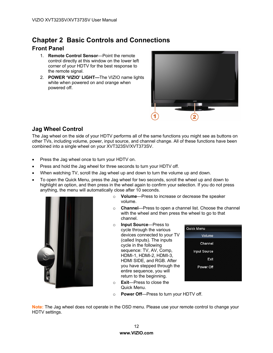 Chapter 2 basic controls and connections, Front panel, Jag wheel control | Vizio XVT323SV User Manual | Page 12 / 65