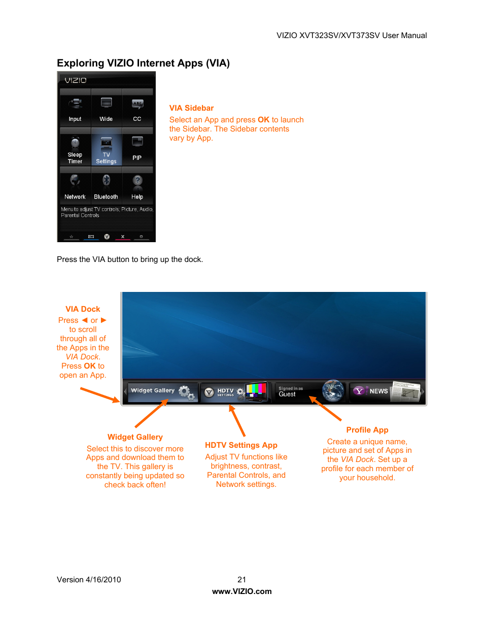 Exploring vizio internet apps (via) | Vizio XVT323SV User Manual | Page 21 / 65