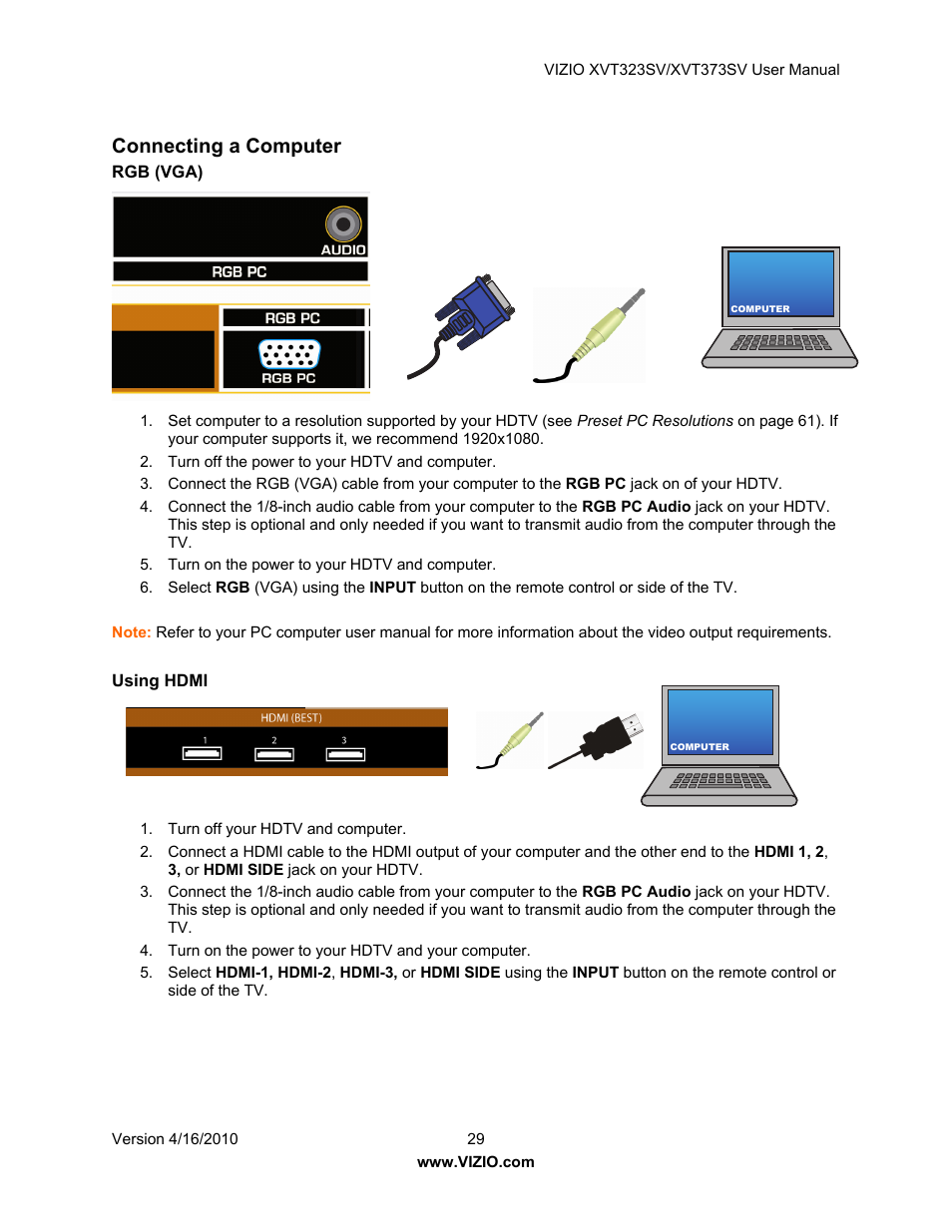 Connecting a computer | Vizio XVT323SV User Manual | Page 29 / 65