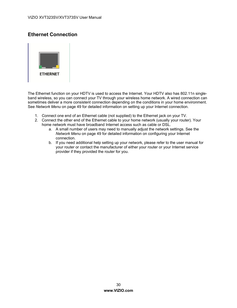 Ethernet connection | Vizio XVT323SV User Manual | Page 30 / 65