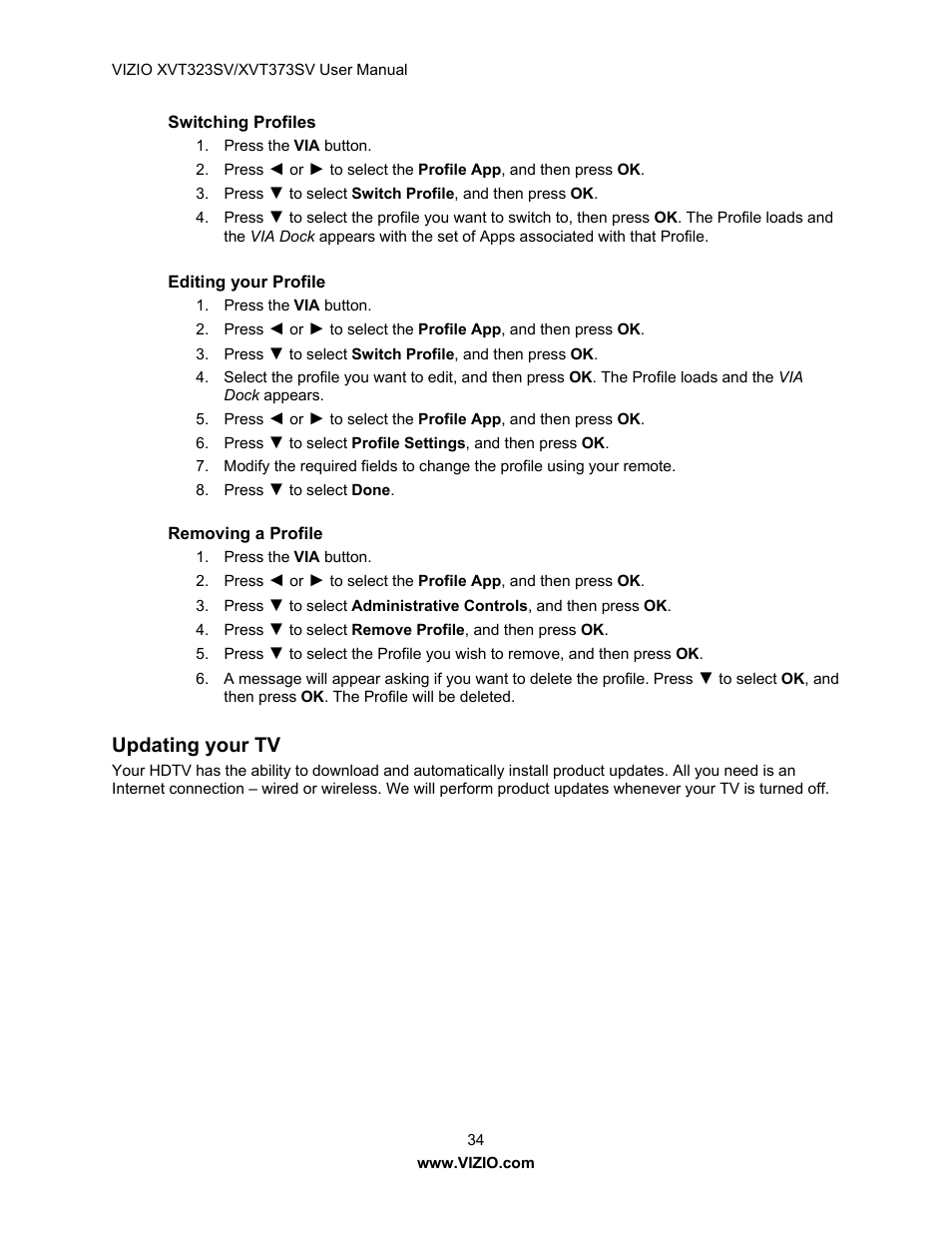 Updating your tv | Vizio XVT323SV User Manual | Page 34 / 65