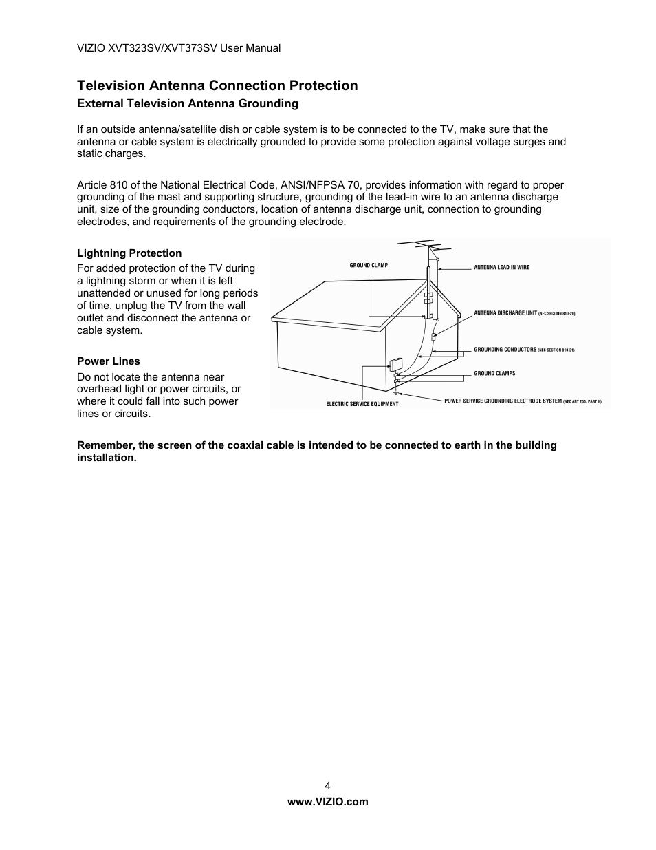 Television antenna connection protection | Vizio XVT323SV User Manual | Page 4 / 65