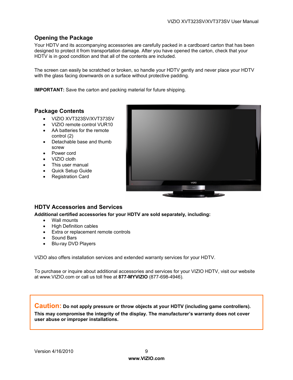 Caution | Vizio XVT323SV User Manual | Page 9 / 65