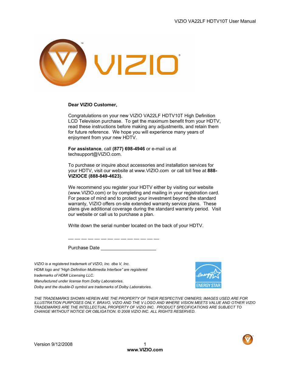 Vizio VA22LF HDTV10T User Manual | 52 pages
