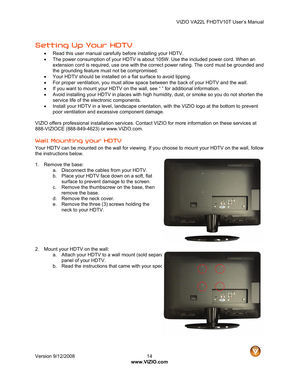 Setting up your hdtv | Vizio VA22LF HDTV10T User Manual | Page 14 / 52