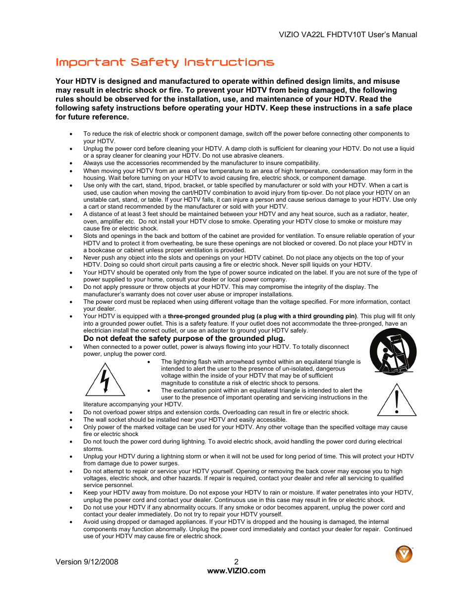 Important safety instructions | Vizio VA22LF HDTV10T User Manual | Page 2 / 52