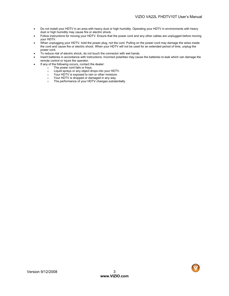 Vizio VA22LF HDTV10T User Manual | Page 3 / 52